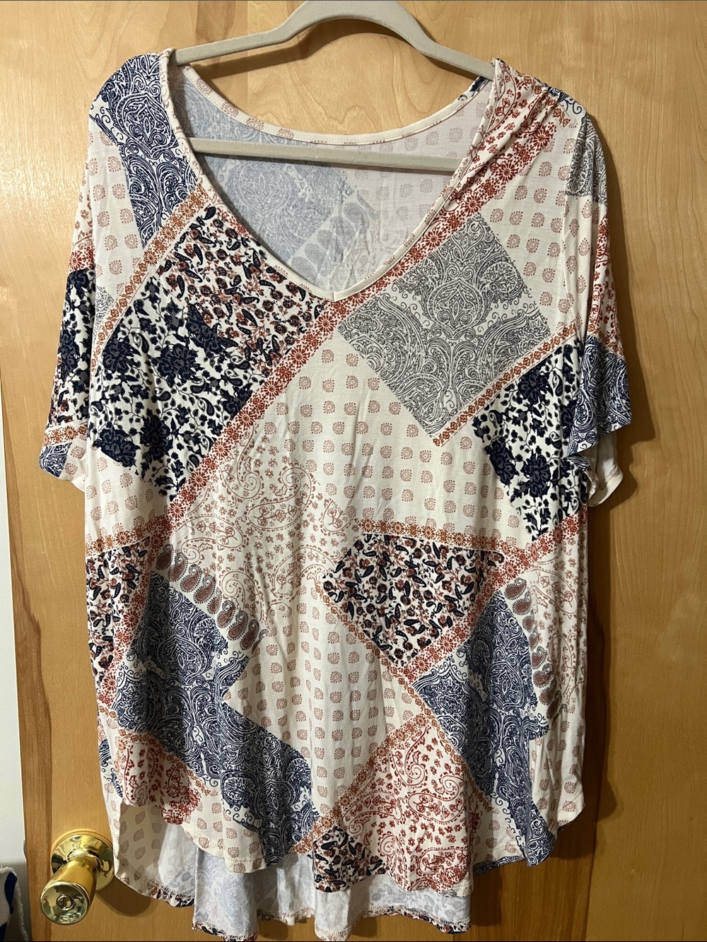 Maurices Patchwork V-Neck Short Sleeve Top - Navy, Rust & Cream